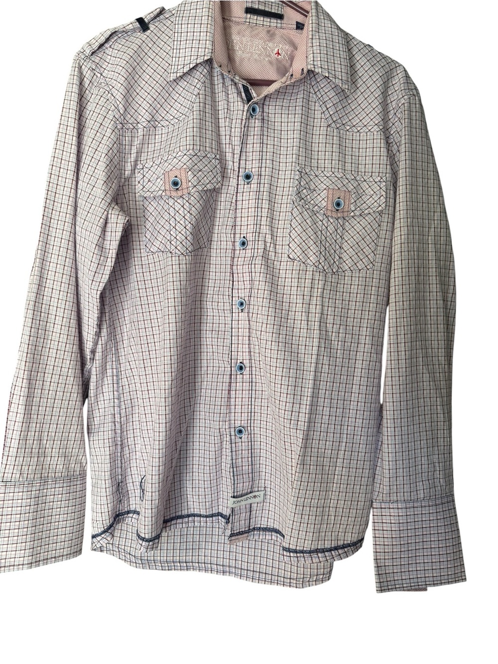 Men's Long-Sleeve Button-Up Plaid Shirt in White and Blue